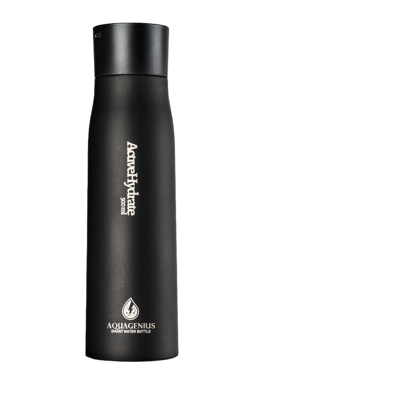 AQUAGENIUS ActiveHydrate 500 ml — gourde intelligente autonettoyante UV-C, acier inoxydable 304, cycle automatique toutes les 3 heures (vue produit)